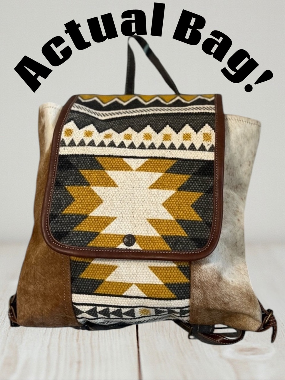 Myra Cowhide Leather Backpack Western Canvas Rug Boho Tribal School Travel Bag - Picture 3 of 12